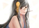  bou_nin breasts brown_eyes cleavage food glasses gray_hair long_hair original pocky 