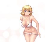  bent_over blonde_hair blonde_pubic_hair blush bra breasts cleavage collarbone condom cowboy_shot excessive_pubic_hair eyebrows green_eyes hanging_breasts hater_(hatater) highres large_breasts leaning_forward looking_at_viewer mizuhashi_parsee navel panties panty_pull pointy_ears pubic_hair shiny shiny_skin short_hair simple_background solo thick_eyebrows thigh_gap thighhighs touhou underwear underwear_only white_bra white_panties 