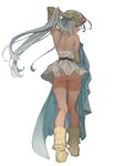  absurdres aqua_hair arm_up arutera ass banned_artist bare_back bare_shoulders dragon_quest dragon_quest_iii dress elbow_gloves flat_ass from_behind gloves highres long_hair looking_back microdress no_panties red_eyes sage_(dq3) simple_background solo standing tiara upskirt very_long_hair 