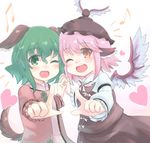  animal_ears bird_wings blush colored_eyelashes dog_ears dress floppy_ears green_eyes green_hair happy hat heart highres interlocked_fingers kasodani_kyouko kibisake multiple_girls mystia_lorelei open_mouth pink_dress pink_eyes pink_hair short_hair tail touhou wings 