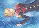  akademeia_uniform blonde_hair cape closed_eyes final_fantasy final_fantasy_type-0 gloves lying male_focus on_back partially_submerged partly_fingerless_gloves solo trey_(fft-0) tsuki314 water 