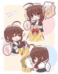  ahoge black_serafuku bloom2425 blue_eyes blush braid brown_hair chibi closed_eyes eighth_note gift hair_flaps hair_ornament kantai_collection multiple_views musical_note remodel_(kantai_collection) school_uniform serafuku shigure_(kantai_collection) shirt short_sleeves single_braid smile t-shirt translation_request 