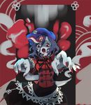  bad_id bad_pixiv_id beret black_hair blood blood_on_face cheong_ha hat miyako_yoshika nail_polish ofuda outstretched_arms red_eyes red_nails solo touhou zombie_pose 