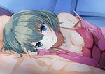 bare_shoulders bed bed_sheet blue_eyes breasts closed_mouth collarbone dutch_angle green_eyes green_hair highres idolmaster idolmaster_cinderella_girls indoors jacket jewelry kazenoko large_breasts lips long_sleeves looking_at_viewer lying md5_mismatch necklace off_shoulder on_bed on_side open_clothes open_shirt pillow pink_jacket shirt short_hair smile solo strap_slip takagaki_kaede upper_body 