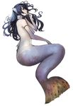  armlet blue_eyes blue_hair fins hand_on_own_chin long_hair looking_at_viewer looking_to_the_side lying mermaid monster_girl on_side profile pupps scales simple_background solo topless wavy_hair white_background 