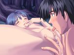  1girl animato arcana blue_hair caprice cunnilingus decensored eyes_closed fingering forest game_cg nude open_mouth small_breasts tanaka_takayuki tears uncensored wet_pussy 