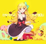  bakemonogatari blonde_hair doughnut dress food holding hona_(pixiv7939518) long_hair looking_at_viewer monogatari_(series) oshino_shinobu pillow pon_de_ring sitting solo wariza yellow_background yellow_eyes 