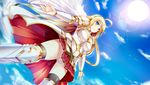  angel_wings antenna_hair armor blonde_hair blue_eyes breasts cleavage clouds dmm eyebrows eyebrows_visible_through_hair feathers happy highres large_breasts legs long_hair original outdoors outstretched_arms panties pantyshot pantyshot_(standing) red_skirt shoulder_pads skirt sky smile solo standing sun thighs underwear wind wings zettai_ryouiki 