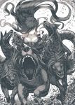  black_hair bouncing_breasts breasts chain cleavage collar dog dress elbow_gloves gloves hair_over_one_eye highres large_breasts long_hair looking_at_viewer monochrome monster_girl open_mouth original running scylla smile solo spot_color teeth tefec very_long_hair 