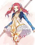  blood boots dress eleanor_hume fingerless_gloves gloves long_hair pink_hair polearm solo spear tales_of_(series) tales_of_berseria twintails weapon yellow_eyes yurichi_(artist) 