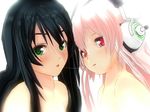  3d after_kiss bare_shoulders black_hair blush fujimi_suzu green_eyes headphones highres long_hair looking_at_viewer multiple_girls nitroplus open_mouth pink_eyes pink_hair saliva saliva_trail super_sonico uld_macaron upper_body white_background yuri 