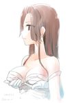  2016 artist_name bandages bare_shoulders breast_grab brown_eyes brown_hair closed_mouth collarbone dated gloves grabbing grabbing_from_behind hands jintsuu_(kantai_collection) kantai_collection koruri long_hair looking_afar profile sarashi sketch solo_focus upper_body white_gloves 