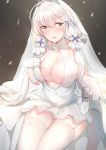  absurdres azur_lane bare_shoulders blue_eyes blush breasts bridal_veil cleavage dress elbow_gloves eyebrows_visible_through_hair flower foodtoyc garter_straps gloves hair_flower hair_ornament highres illustrious_(azur_lane) large_breasts looking_at_viewer low_twintails mole mole_under_eye panties parted_lips pulled_by_self sitting solo strap_pull thighhighs tiara twintails underwear veil wedding_dress white_dress white_gloves white_hair white_legwear white_panties 