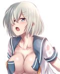  :o blue_eyes blush breasts cleavage collarbone fang hair_ornament hair_over_one_eye hairclip hamakaze_(kantai_collection) kantai_collection large_breasts looking_at_viewer open_clothes open_mouth school_uniform serafuku short_hair short_sleeves silver_hair simple_background solo tai_(nazutai) white_background 