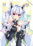  :o ahoge alternate_hairstyle armor bare_shoulders blush breasts cleavage cosplay elbow_gloves gene_(pso2) gene_(pso2)_(cosplay) gloves hair_between_eyes hair_ornament large_breasts long_hair looking_at_viewer matoi_(pso2) milkpanda open_mouth phantasy_star phantasy_star_online_2 red_eyes silver_hair solo star twintails 
