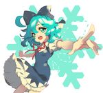  bad_id bad_pixiv_id blue_eyes blue_hair bow cheong_ha cirno hair_bow no_wings open_mouth snowflakes solo touhou 