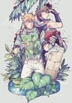  blonde_hair book broken brown_hair caesar_anthonio_zeppeli column fingerless_gloves gloves green_eyes headband jacket jojo_no_kimyou_na_bouken joseph_joestar_(young) male_focus map multiple_boys muscle pillar plant scarf sparkle striped striped_scarf sweat wenny02 winged_hair_ornament 