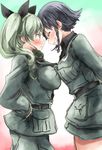  ^_^ anchovy anzio_military_uniform black_hair blush braid breast_press breasts closed_eyes forehead-to-forehead girls_und_panzer green_hair grin hair_ribbon hands_on_hips impossible_jacket large_breasts long_hair military military_uniform multiple_girls pepperoni_(girls_und_panzer) red_eyes ribbon short_hair single_braid smile symmetrical_docking twintails uniform yohane 