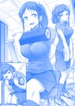  :d arm_behind_back blue breasts clipboard collared_shirt comic commentary_request directional_arrow employee_uniform exercise exercise_machine getsuyoubi_no_tawawa gym gym_shorts himura_kiseki kneehighs large_breasts leaning_forward looking_to_the_side monochrome multiple_views open_mouth ponytail shirt shoes short_sleeves shorts sidelocks silent_comic sitting smile sneakers standing trainer-san_(tawawa) uniform v_arms 