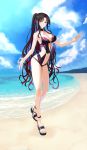  absurdres bangs beach black_footwear black_hair black_swimsuit blue_sky blush breasts chest_tattoo choker cleavage commentary_request facial_mark fate/extra fate/extra_ccc fate/grand_order fate_(series) feet forehead_mark full_body highres hinomoto_madoka hips legs long_hair looking_at_viewer multicolored_hair navel ocean parted_bangs pink_hair ponytail sandals sesshouin_kiara sidelocks sky smile solo streaked_hair swimsuit tattoo thighs toes two-tone_hair very_long_hair wavy_hair 