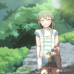  bangs blush cropped_legs eyes_closed female grass green_hair grin hands_in_pockets idolmaster ilhi jacket nagayoshi_subaru outdoors see-through shirt short_hair short_shorts short_sleeves shorts smile solo striped striped_shirt wet wet_clothes 