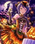  alternate_costume artist_request bat black_eyes black_gloves blue_hair crescent_moon cup elbow_gloves gloves hair_ornament halloween halloween_costume hat holding idolmaster idolmaster_cinderella_girls jack-o'-lantern looking_at_viewer moon official_art pumpkin short_hair solo wakui_rumi 