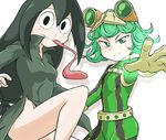  asui_tsuyu asui_tsuyu_(cosplay) bare_legs black_eyes bodysuit boku_no_hero_academia breasts color_connection cosplay costume_switch dress flat_chest frog_girl from_side gloves goggles goggles_on_head green_bodysuit green_eyes green_hair long_hair long_tongue multiple_girls no_panties one-punch_man seiyuu_connection side_slit simple_background small_breasts tatsumaki tatsumaki_(cosplay) thighs tongue uranoyoru very_long_tongue white_background yuuki_aoi 