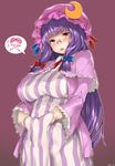  absurdres bad_id bad_pixiv_id belly_grab bespectacled blue_bow blue_ribbon blush bow breasts crescent dress fang frilled_sleeves frills glasses hair_ribbon hat hat_ribbon highres large_breasts long_hair looking_at_viewer mob_cap open_mouth patchouli_knowledge plump po._(medamaoyazi) purple_eyes purple_hair red-framed_eyewear red_bow red_ribbon ribbon semi-rimless_eyewear simple_background solo spoken_skull_and_crossbones striped striped_dress touhou under-rim_eyewear very_long_hair 