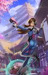  1girl ;p architecture ass bodysuit brown_eyes brown_hair cherry cherry_blossoms d.va_(overwatch) day diffraction_spikes east_asian_architecture facial_mark food from_behind fruit gun headphones highres insoom keychain long_hair looking_at_viewer looking_back mecha meka_(overwatch) one_eye_closed overwatch petals sign solo standing standing_on_one_leg tongue tongue_out trigger_discipline v warning_sign weapon whisker_markings wind 