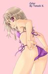  artist_name bikini brown_hair fate/kaleid_liner_prisma_illya fate_(series) from_behind highres illyasviel_von_einzbern long_hair looking_at_viewer looking_back pink_background purple_bikini purple_eyes side-tie_bikini simple_background solo swimsuit tomoki_k wet 