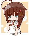  :t ahoge alternate_costume bloom2425 blue_eyes braid brown_hair chibi doughnut eating food hair_ornament hair_over_shoulder hair_ribbon kantai_collection long_hair red_ribbon remodel_(kantai_collection) ribbon shigure_(kantai_collection) short_sleeves single_braid solo tress_ribbon 