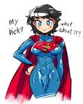  :&gt; black_hair blue_eyes breasts cape crap-man dc_comics english futanari genderswap looking_at_viewer penis superman superman_(series) text 