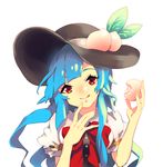  :q bad_id bad_pixiv_id blue_hair cheong_ha food fruit hat hinanawi_tenshi long_hair peach red_eyes solo tongue tongue_out touhou white_background 