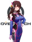  animal_print arm_at_side bangs blurry bodysuit breasts brown_eyes brown_hair bunny_print closed_mouth clothes_writing copyright_name cowboy_shot d.va_(overwatch) depth_of_field eyelashes facial_mark gloves hand_on_hip headphones highres kinven long_hair looking_at_viewer medium_breasts overwatch sketch solo whisker_markings white_background 