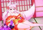  animal_ears breasts cleavage commentary_request door floral_print flower fox_ears fox_tail hair_flower hair_ornament highres holding holding_pipe japanese_clothes kazamatsuri_kazari kimono kiseru large_breasts long_hair looking_at_viewer md5_mismatch mizuki_(kogetsu-tei) obi off_shoulder original pink_eyes pink_hair pipe sash sitting solo tail tatami very_long_hair yuujo 