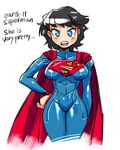  black_hair blue_eyes breasts cape crap-man dc_comics english genderswap looking_at_viewer solo superman superman_(series) text 