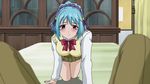  1girl all_fours animated animated_gif bed blue_hair blush bouncing_breasts breasts cleavage crawling hairband kurono_kurumu large_breasts ponytail purple_eyes rosario+vampire school_uniform short_hair skirt succubus sweater_vest swinging_breasts talking 