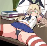  anus_peek arms_behind_head arms_up bare_shoulders black_panties blonde_hair blush book bosshi clitoris_slip crop_top desk elbow_gloves gloves green_eyes hairband highleg highleg_panties highres kantai_collection long_hair lying microskirt midriff navel on_back panties pussy_peek school_uniform serafuku shimakaze_(kantai_collection) skirt solo spread_legs striped striped_legwear thighhighs underwear white_gloves 