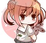  alternate_costume bloom2425 blush chibi commentary_request double_bun kantai_collection light_brown_hair looking_at_viewer looking_back michishio_(kantai_collection) object_hug school_uniform serafuku short_twintails solo stuffed_animal stuffed_bunny stuffed_toy twintails yellow_eyes younger 