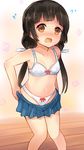  amayadori_machi bangs black_hair blush bow bow_bra bow_panties bra breasts brown_eyes d: dressing embarrassed flying_sweatdrops highres kumamiko long_hair looking_at_viewer navel nose_blush open_mouth panties pleated_skirt sketch skirt skirt_pull small_breasts solo twintails u_rin underwear white_bra white_panties 