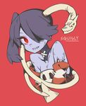  bare_shoulders black_hair character_name glowing glowing_eye hair_over_one_eye leviathan_(skullgirls) looking_at_viewer ori_(yellow_duckling) red_eyes side_ponytail skullgirls smile squigly_(skullgirls) stitched_mouth stitches 