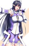  antenna_hair black_hair blush breasts dress earrings elbow_gloves gloves hair_ornament holding holding_microphone jewelry kamokatatsumuri katori_(pso2) large_breasts long_hair looking_at_viewer microphone mole mole_under_eye open_mouth outstretched_arm partly_fingerless_gloves phantasy_star phantasy_star_online_2 pointy_ears purple_gloves red_eyes short_dress sleeveless sleeveless_dress solo 