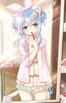  animal_ears blue_eyes blue_hair bow brushing_teeth cat_ears cat_tail double_bun female_pov hair_bow hair_ornament hairclip holding hood hood_down hoodie jpeg_artifacts mint_(yano_mitsuki) mirror original pov reflection sleepwear sleepy solo tail toothbrush yano_mitsuki 