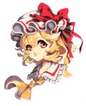  ascot bad_id bad_pixiv_id blonde_hair bow cheong_ha face flandre_scarlet frilled_shirt_collar frills hat hat_bow mob_cap portrait red_bow red_eyes side_ponytail simple_background smile solo touhou white_background 