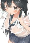  :o black_hair blue_skirt blush breasts brown_eyes cleavage close-up collarbone highres jonsun kantai_collection large_breasts long_hair looking_at_viewer open_mouth school_uniform see-through serafuku shirt short_sleeves simple_background skirt solo standing tareme towel towel_around_neck ushio_(kantai_collection) wet wet_clothes wet_shirt white_background white_shirt 