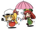  2girls :d =_= beret blonde_hair blush_stickers bow chasing chibi china_dress chinese_clothes commentary_request dress flandre_scarlet floating flying_sweatdrops full_body hat hat_bow holding hong_meiling kou512a laevatein long_hair mob_cap multiple_girls open_mouth parasol red_hair running shadow shoes short_hair short_sleeves side_ponytail side_slit simple_background skirt skirt_set smile star sweatdrop touhou umbrella white_background wings 