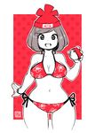  beanie bikini breasts cleavage curvy female_protagonist_(pokemon_sm) floral_print hat highres kenron_toqueen looking_at_viewer monochrome navel poke_ball pokemon pokemon_(game) pokemon_sm solo spot_color stomach swimsuit wide_hips 