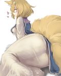 animal_ears ass blonde_hair dress fox_ears fox_tail from_behind hair_between_eyes heart looking_at_viewer lying multiple_tails on_side see-through short_hair simple_background smile solo tabard tail touhou utopia white_background white_dress yakumo_ran 