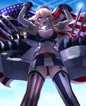  :d american_flag bad_id bad_pixiv_id bangs belt black_panties blonde_hair blue_eyes blue_sky breasts cannon clothes_writing cloud condensation_trail day fingerless_gloves flag from_below front-tie_top garter_straps gloves hair_between_eyes hands_up headgear holding ieki iowa_(kantai_collection) kantai_collection large_breasts legs_apart long_hair machinery miniskirt mismatched_legwear navel number open_mouth outdoors panties shade skirt sky sleeveless smile solo star star-shaped_pupils stomach striped symbol-shaped_pupils thighhighs turret twitter_username underwear upskirt vertical_stripes wrist_cuffs 