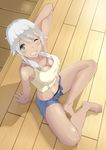  ;) bad_feet barefoot breasts cleavage collarbone commentary_request dark_skin denim flying_witch green_eyes grin highres kowata_akane medium_breasts midriff one_eye_closed open_fly short_shorts shorts smile solo tank_top toketou white_hair wooden_floor 